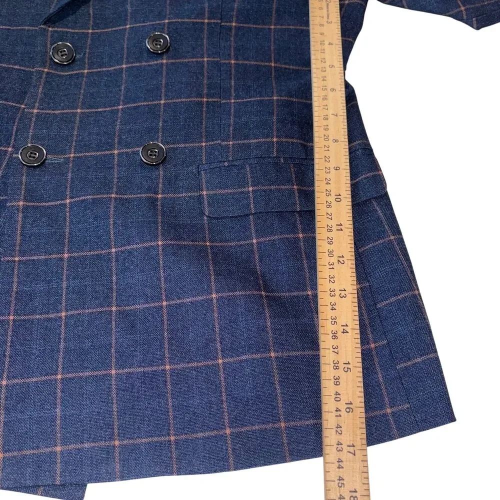 Slatl & Dean Luxury Men's Navy‎ Blue Windowpane Double Breasted Blazer Jacket